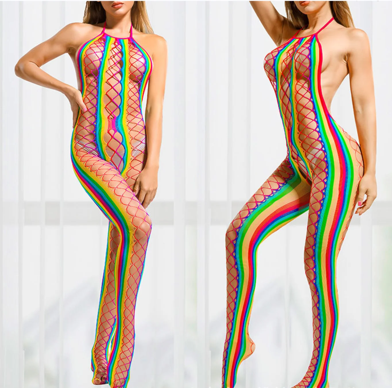 Hot Sexy Lingerie Women Beach Rainbow Colors Underwear Summer Swim Party Body Suit Exotic Dresses Fishnet Sleepwear