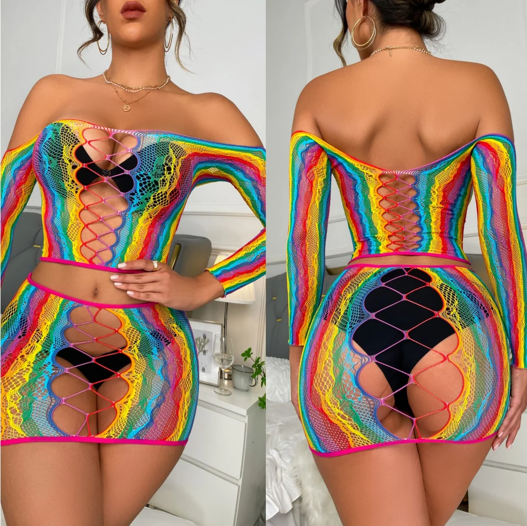 Hot Sexy Lingerie Women Beach Rainbow Colors Underwear Summer Swim Party Body Suit Exotic Dresses Fishnet Sleepwear