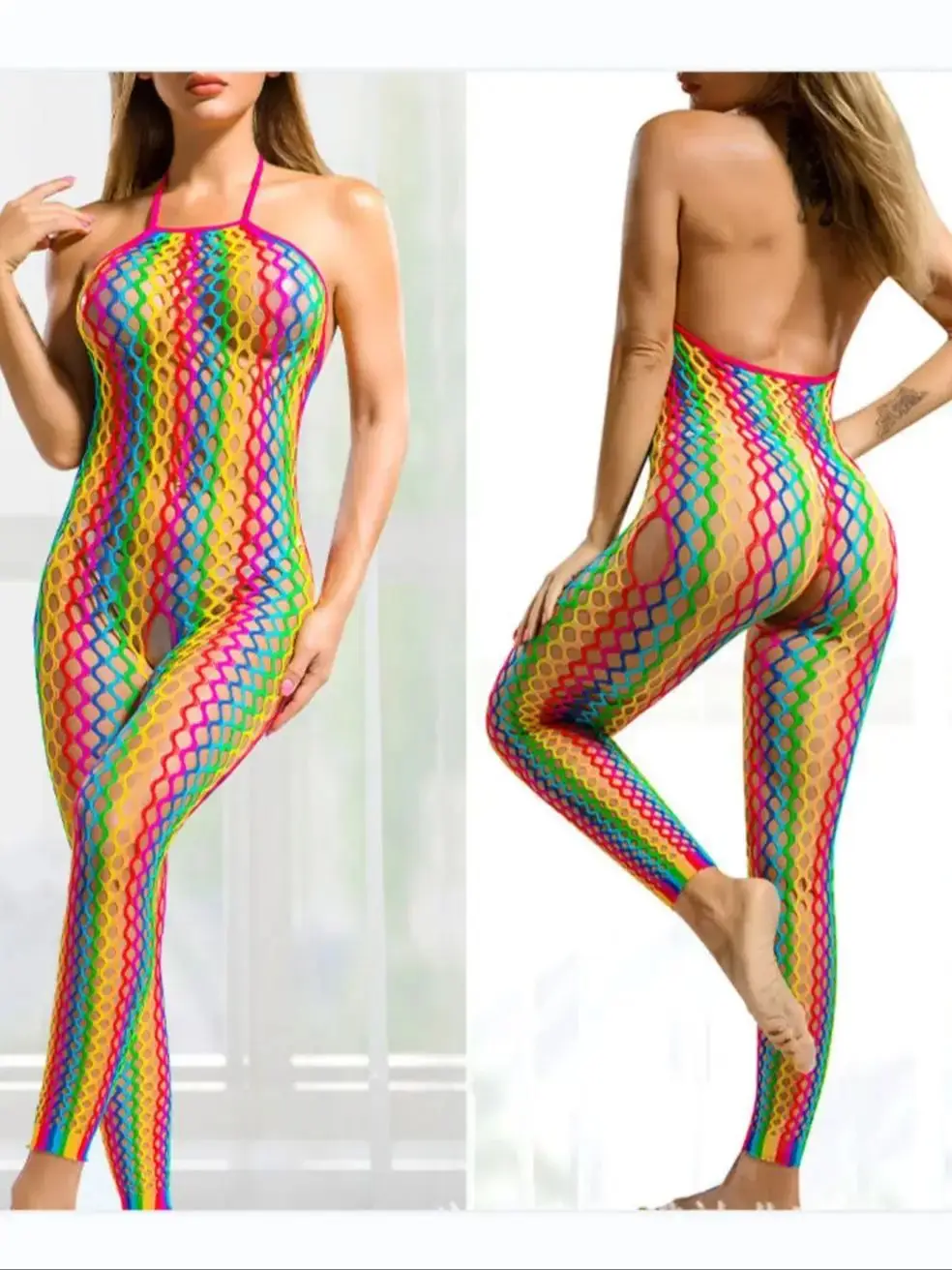 Hot Sexy Lingerie Women Beach Rainbow Colors Underwear Summer Swim Party Body Suit Exotic Dresses Fishnet Sleepwear