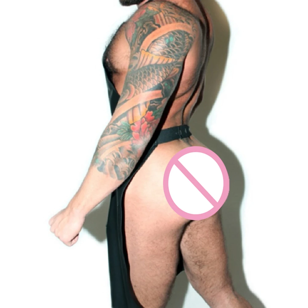 Black Faux Leather Mens Open Crotch Sex Porn Apron Panties Underwear Male Sexy Lingerie Night Clubwear Cosplay Erotic Costume