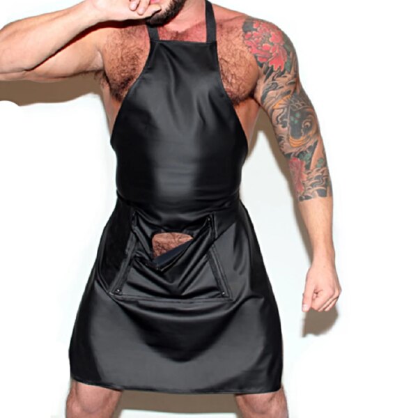 Black Faux Leather Mens Open Crotch Sex Porn Apron Panties Underwear Male Sexy Lingerie Night Clubwear Cosplay Erotic Costume