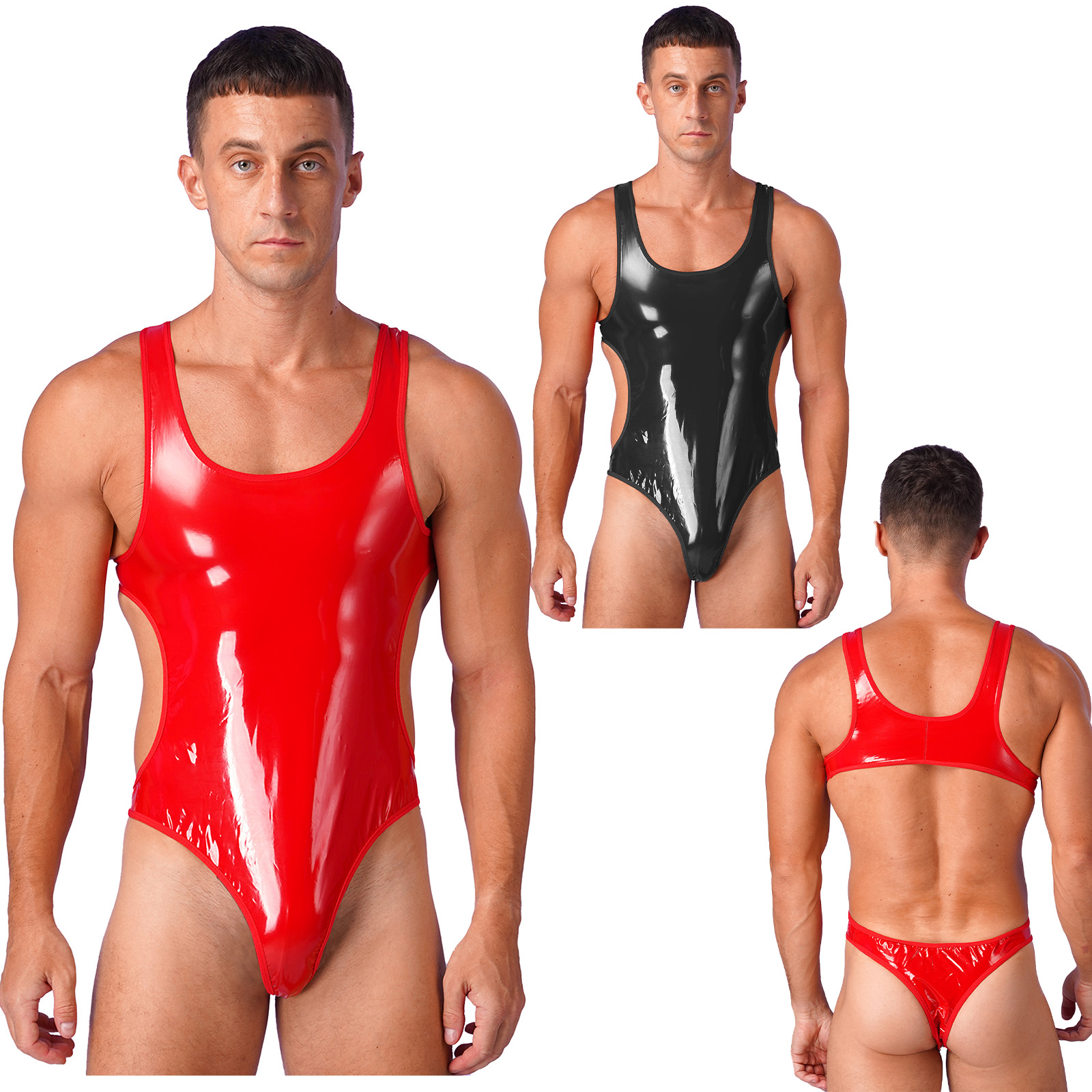 Mens Wet Look Patent Leather Bodysuit One-Piece Swimsuit Pool Party Swimwear Open Back U Neck Sleeveless Jumpsuit Leotard