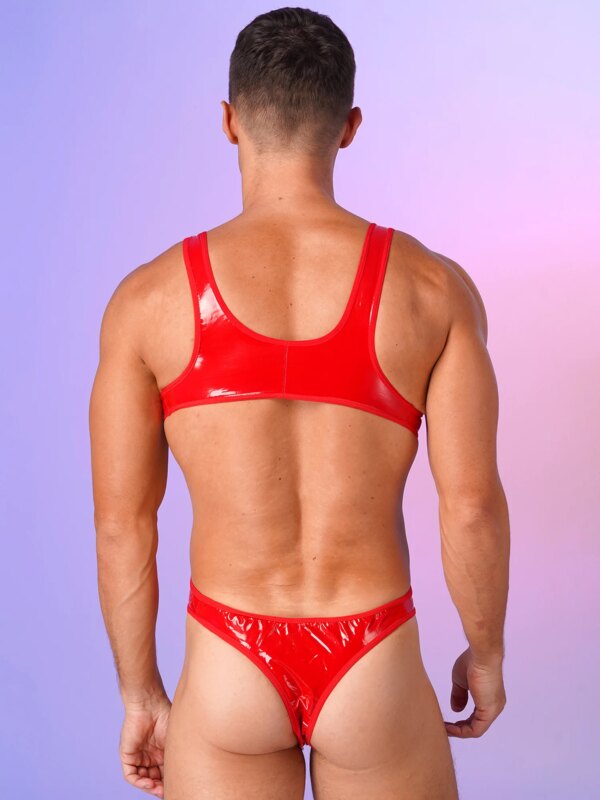 Mens Wet Look Patent Leather Bodysuit One-Piece Swimsuit Pool Party Swimwear Open Back U Neck Sleeveless Jumpsuit Leotard