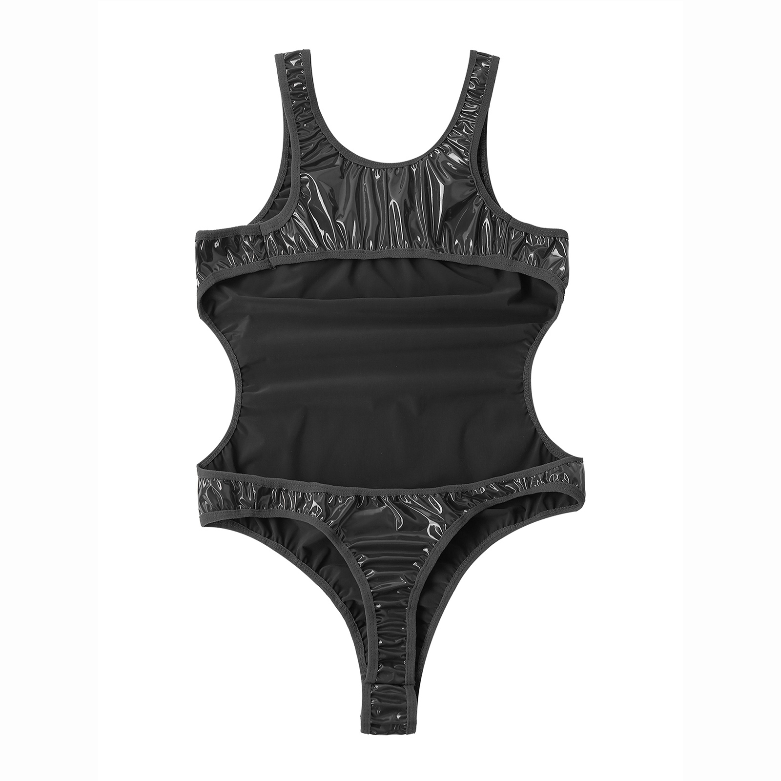 Mens Wet Look Patent Leather Bodysuit One-Piece Swimsuit Pool Party Swimwear Open Back U Neck Sleeveless Jumpsuit Leotard