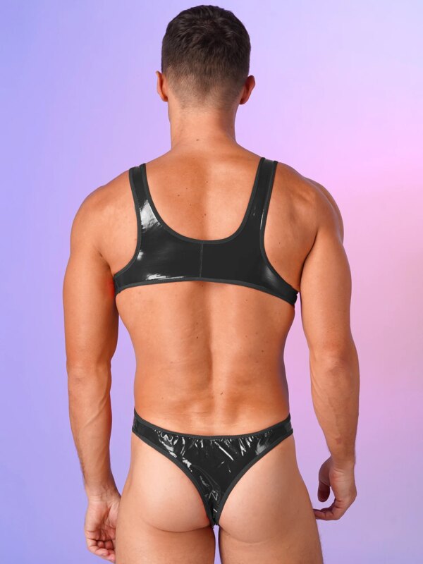 Mens Wet Look Patent Leather Bodysuit One-Piece Swimsuit Pool Party Swimwear Open Back U Neck Sleeveless Jumpsuit Leotard