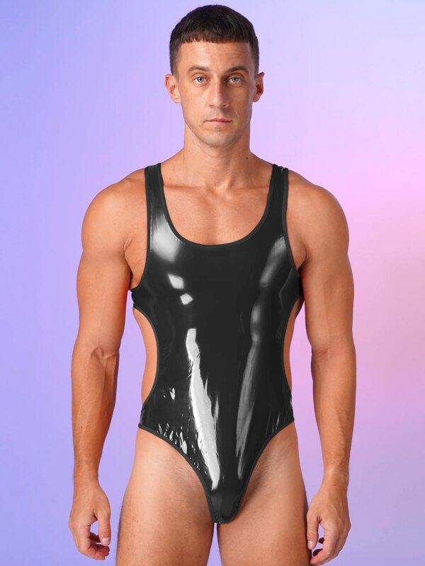 Mens Wet Look Patent Leather Bodysuit One-Piece Swimsuit Pool Party Swimwear Open Back U Neck Sleeveless Jumpsuit Leotard