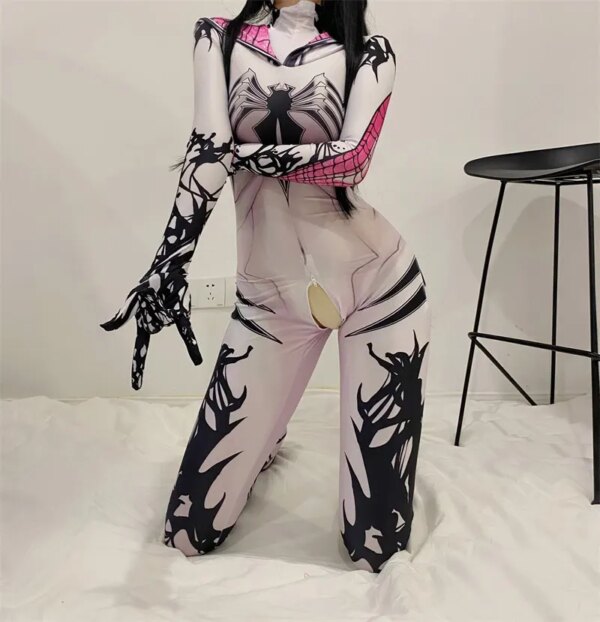 Cosplay Spider Sexy Erotic Lingerie Zentai Suit Woman Jumpsuit SuperHero Costume White Bodysuit Fancy Outfit Party  Open Crotch