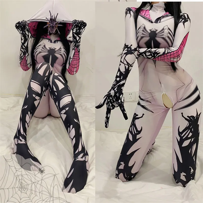Cosplay Spider Sexy Erotic Lingerie Zentai Suit Woman Jumpsuit SuperHero Costume White Bodysuit Fancy Outfit Party Open Crotch