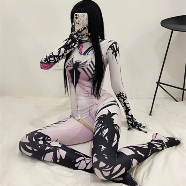 Cosplay Spider Sexy Erotic Lingerie Zentai Suit Woman Jumpsuit SuperHero Costume White Bodysuit Fancy Outfit Party  Open Crotch