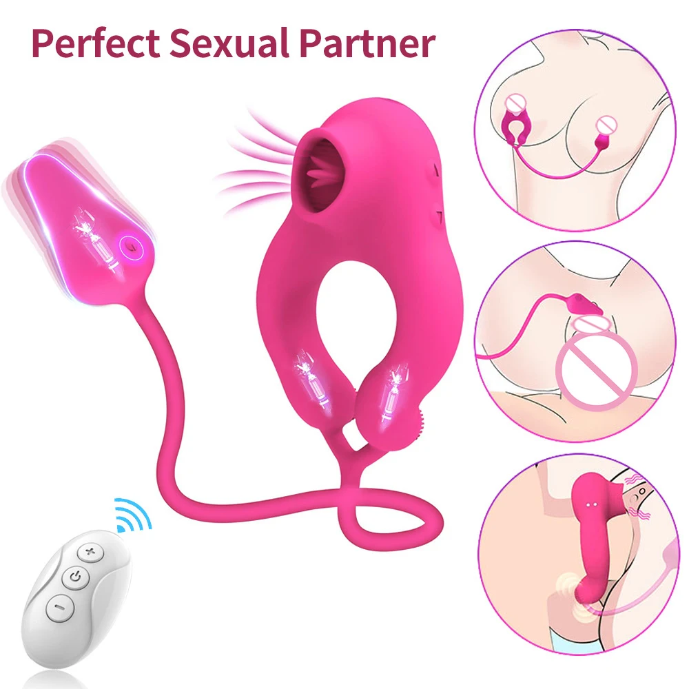 Delayed Ejaculation Vibrating Cock Ring Soft Material Sucking Licking Clit Stimulator Scrotum Penis Massager Sex Toys for Couple