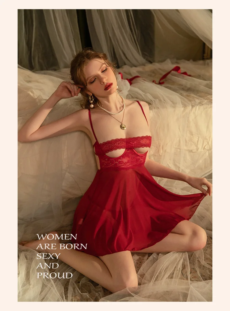Sexy Pajamas Women's Sleepwear Winter Lace Mesh Push Up Bra Hollow Out Underwear Back Split Nightdress with Mask Blindfolds