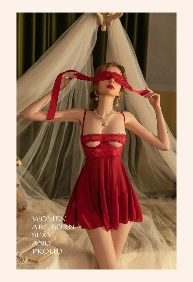Sexy Pajamas Women's Sleepwear Winter Lace Mesh Push Up Bra Hollow Out Underwear Back Split Nightdress with Mask Blindfolds