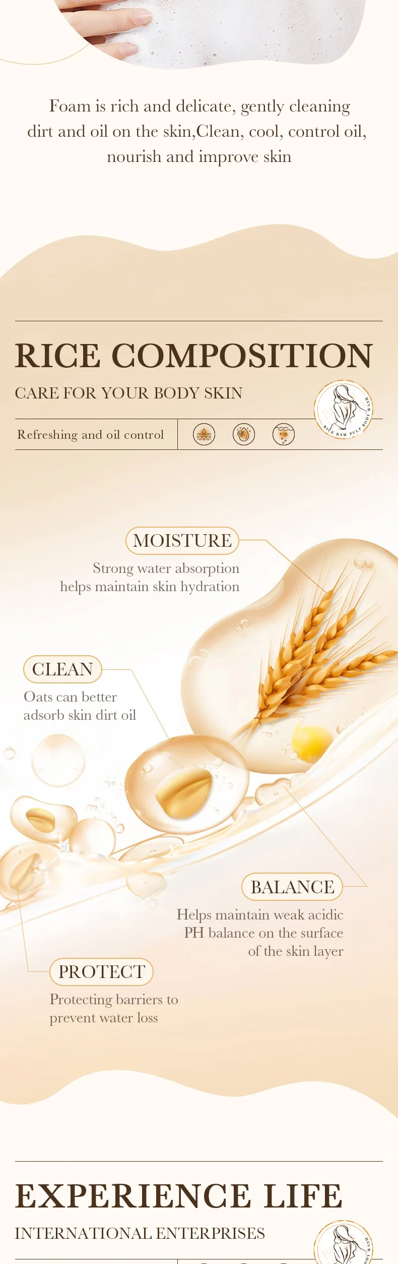 BIOAOUA Rice Body Wash Brightening Cleansing Shower Gel Moisturizing Silky Refreshing Oil Control Persistent Fragrance 500ml