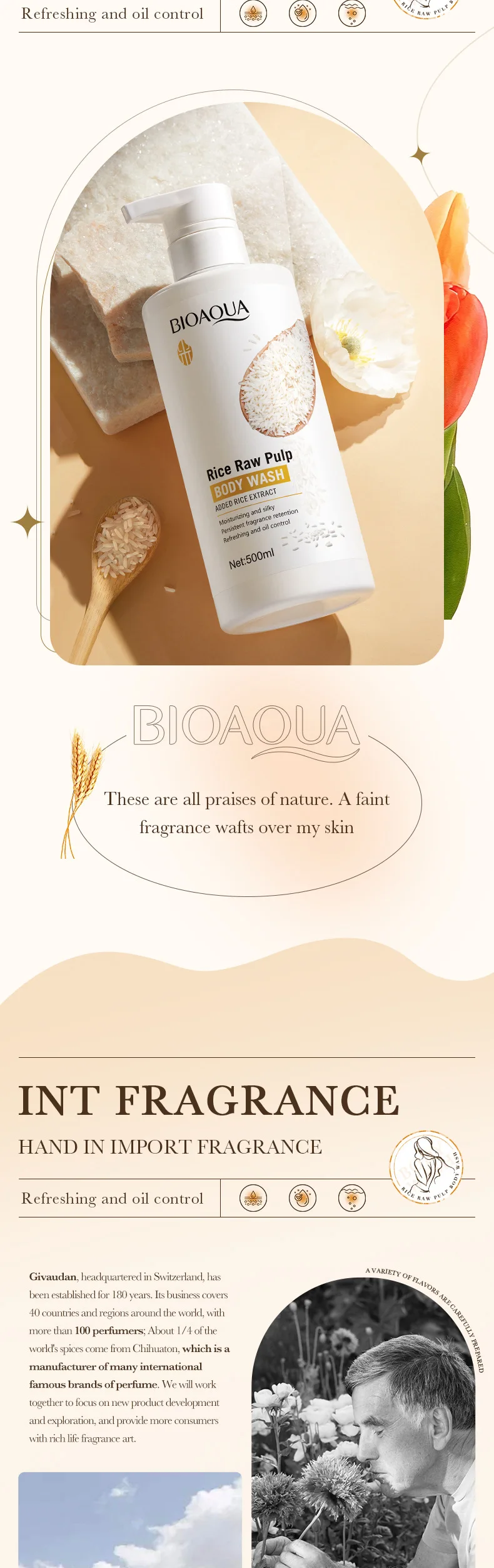 BIOAOUA Rice Body Wash Brightening Cleansing Shower Gel Moisturizing Silky Refreshing Oil Control Persistent Fragrance 500ml