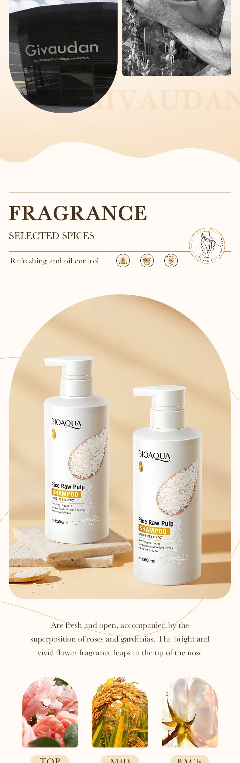 BIOAOUA Rice Body Wash Brightening Cleansing Shower Gel Moisturizing Silky Refreshing Oil Control Persistent Fragrance 500ml