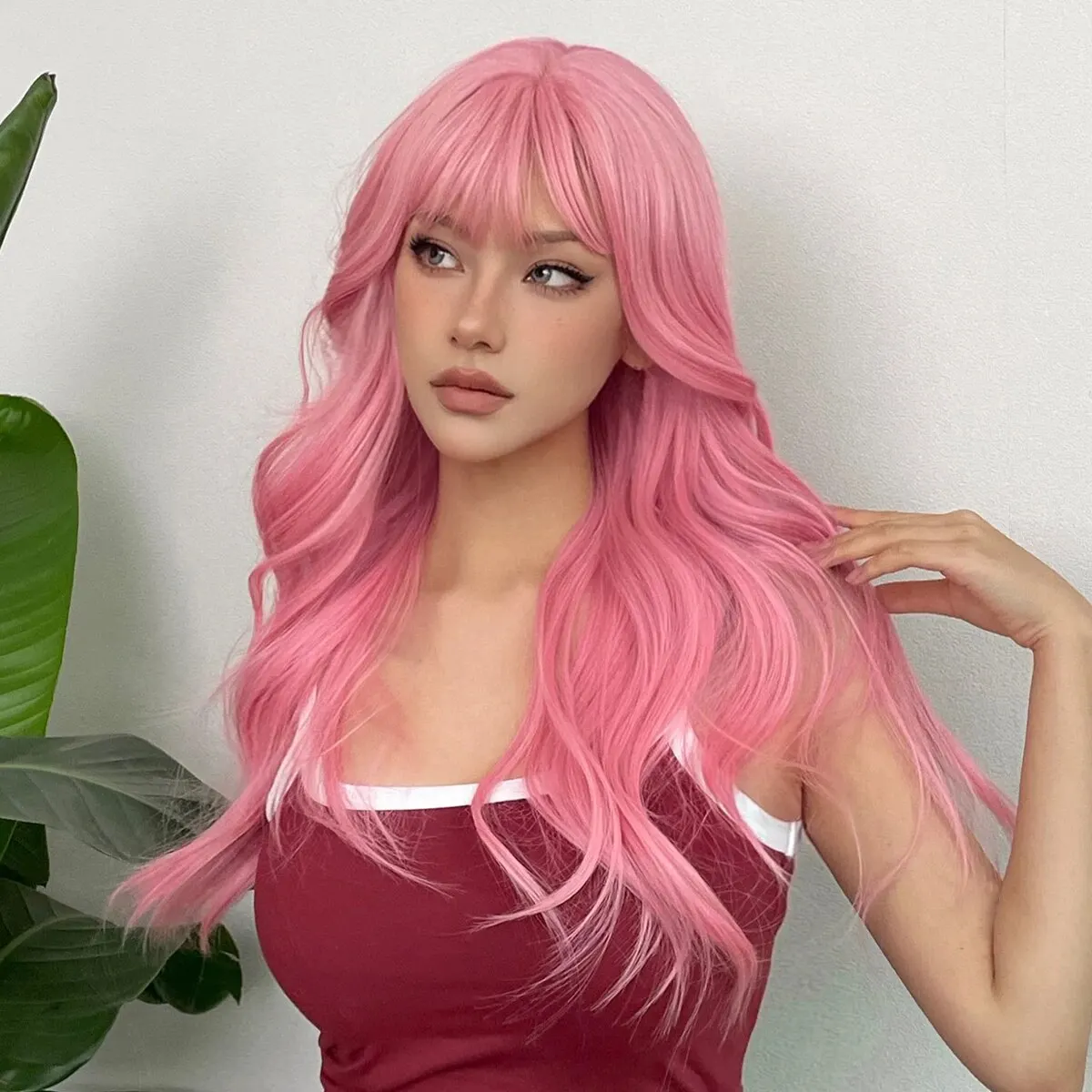 Light Pink Synthetic Hair Wigs Long Wavy Natural Hair Wigs with Bangs for Women Cosplay Lolita Wig Heat Resistant