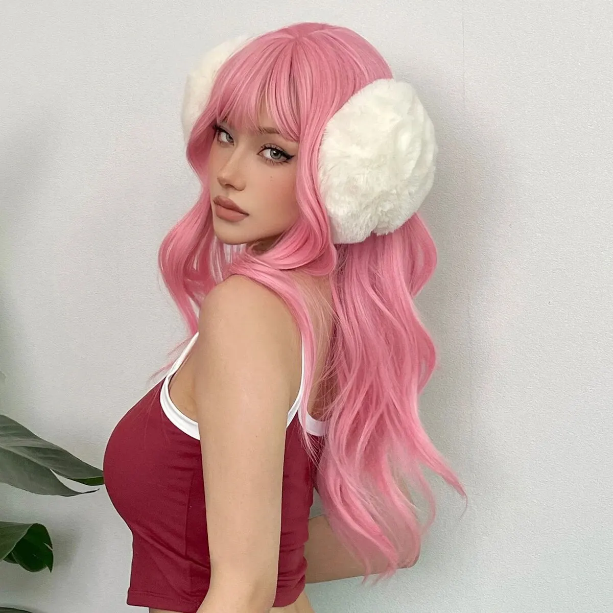 Light Pink Synthetic Hair Wigs Long Wavy Natural Hair Wigs with Bangs for Women Cosplay Lolita Wig Heat Resistant