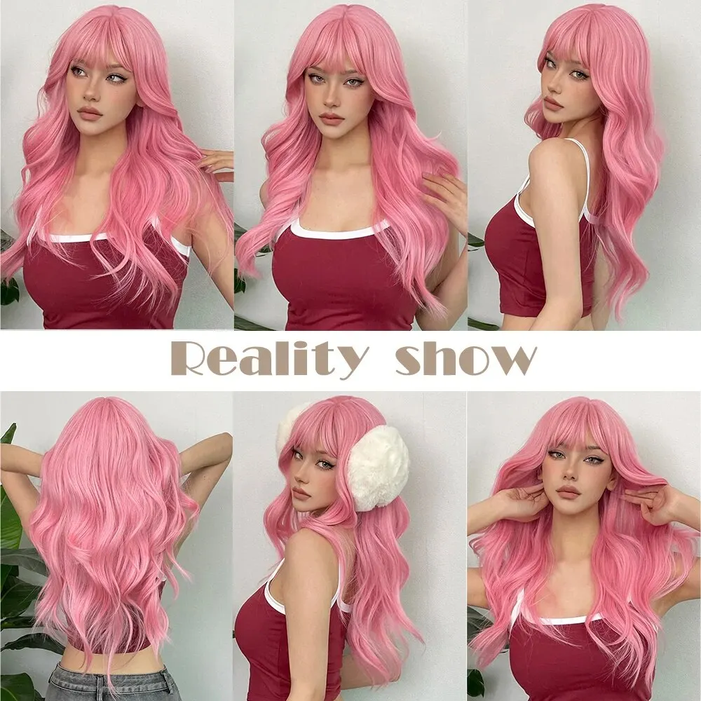 Light Pink Synthetic Hair Wigs Long Wavy Natural Hair Wigs with Bangs for Women Cosplay Lolita Wig Heat Resistant