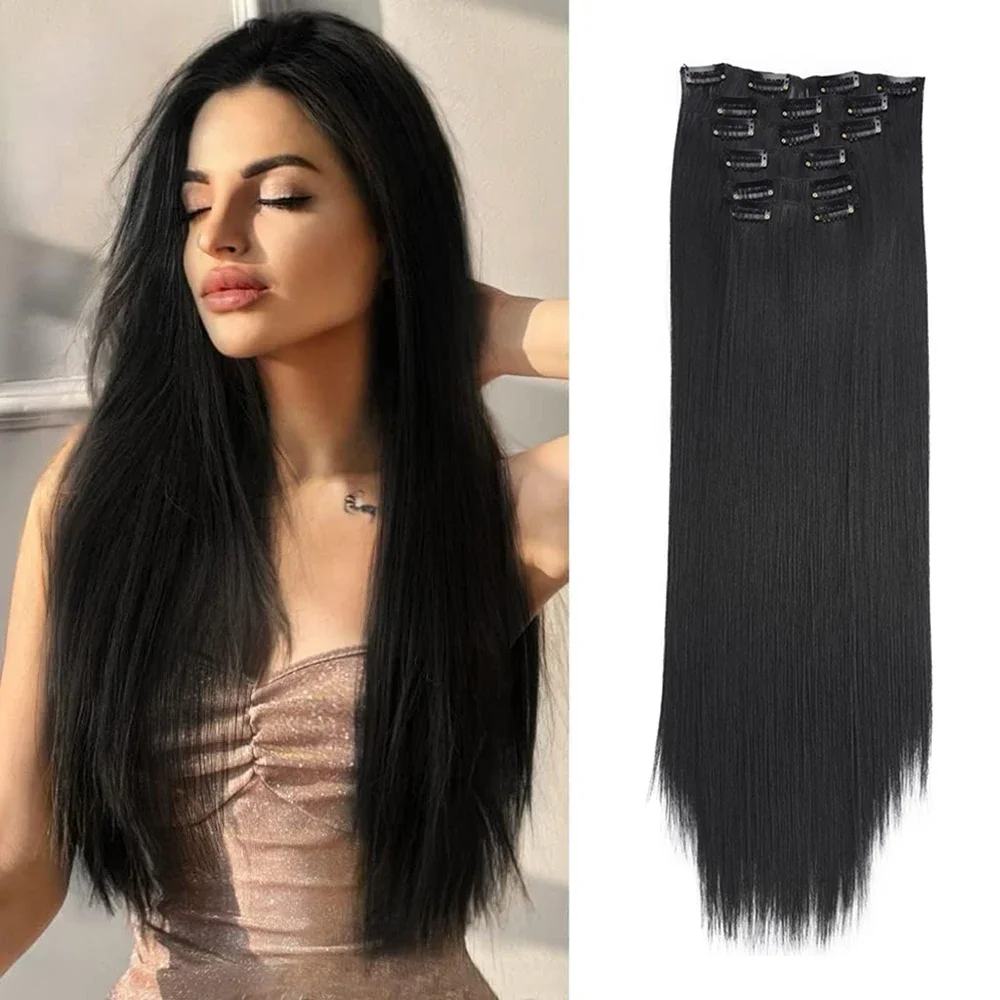 Synthetic Wig 6Pcs 16 Clips 24 Inch Wavy Curly Full Head on Double Weft Hair Extensions Dark Black For Women In Daily Party Use Synthetic Wig 6Pcs 16 Clips 24 Inch Wavy Curly Full Head on Double Weft Hair Extensions Dark Black For Women In Daily Party Use
