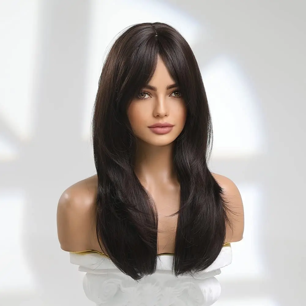 Long Synthetic Black Straight Wigs for Women 22 inch Glueless Realistic Wig with Bangs Natural Layered Wig for Girls Daily Party