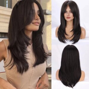 Long Synthetic Black Straight Wigs for Women 22 inch Glueless Realistic Wig with Bangs Natural Layered Wig for Girls Daily Party