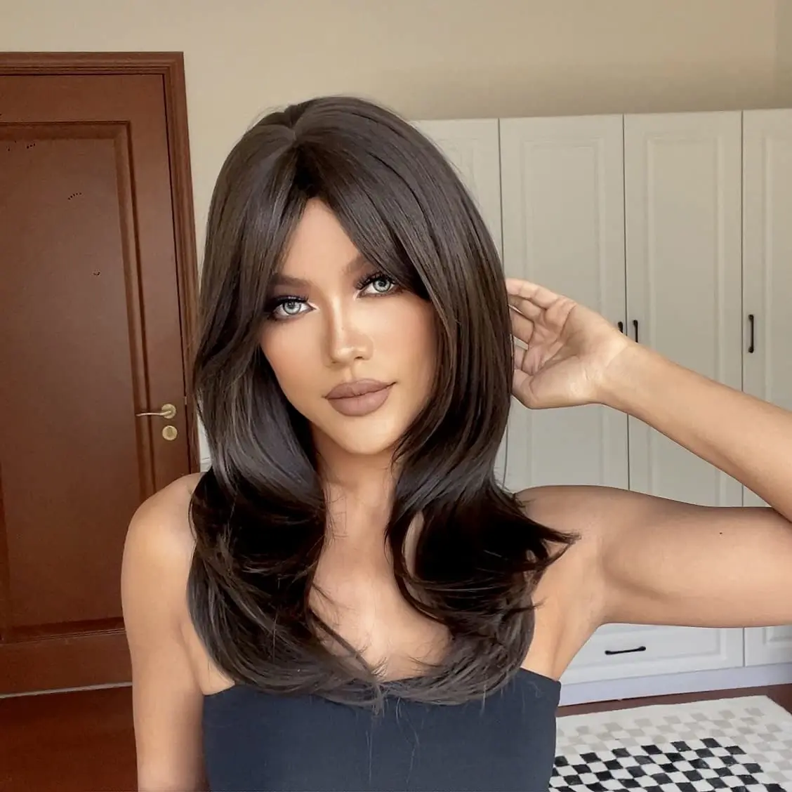Long Synthetic Black Straight Wigs for Women 22 inch Glueless Realistic Wig with Bangs Natural Layered Wig for Girls Daily Party