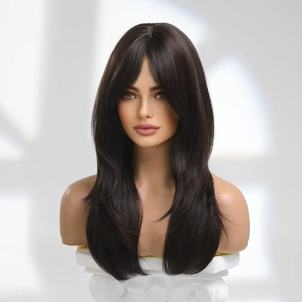 Long Synthetic Black Straight Wigs for Women 22 inch Glueless Realistic Wig with Bangs Natural Layered Wig for Girls Daily Party