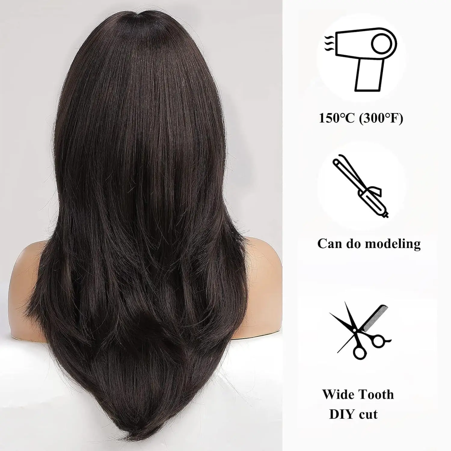 Long Synthetic Black Straight Wigs for Women 22 inch Glueless Realistic Wig with Bangs Natural Layered Wig for Girls Daily Party