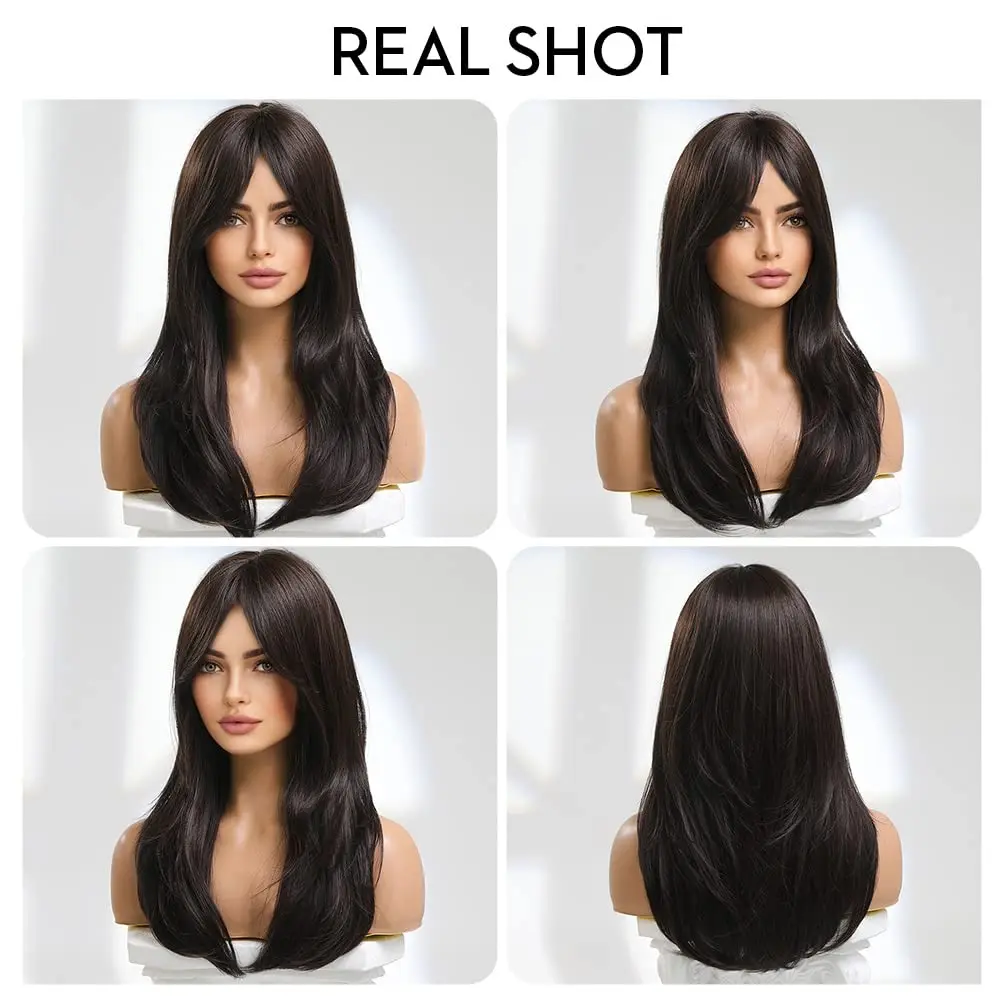 Long Synthetic Black Straight Wigs for Women 22 inch Glueless Realistic Wig with Bangs Natural Layered Wig for Girls Daily Party
