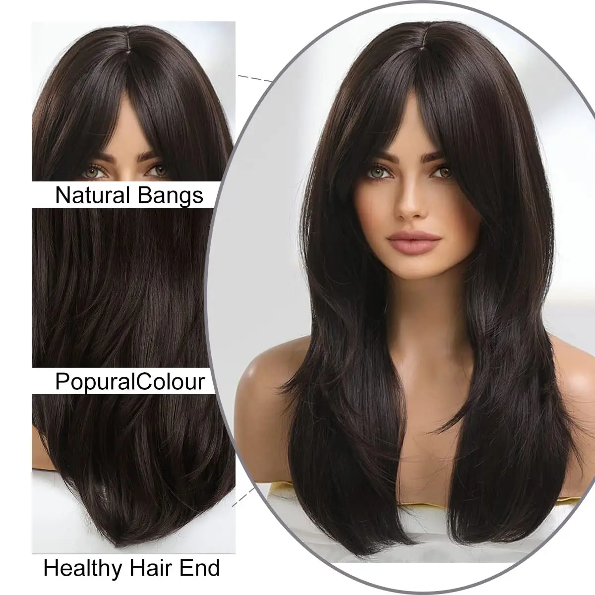 Long Synthetic Black Straight Wigs for Women 22 inch Glueless Realistic Wig with Bangs Natural Layered Wig for Girls Daily Party