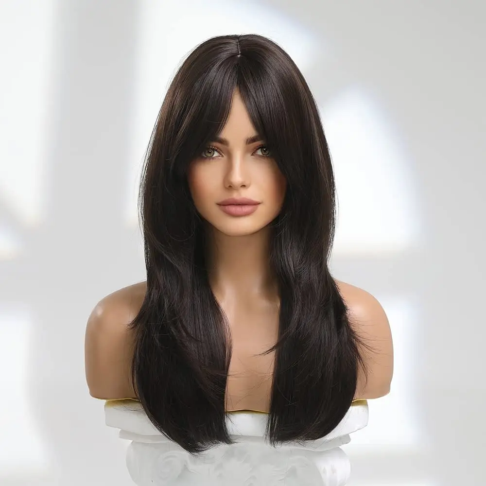 Long Synthetic Black Straight Wigs for Women 22 inch Glueless Realistic Wig with Bangs Natural Layered Wig for Girls Daily Party