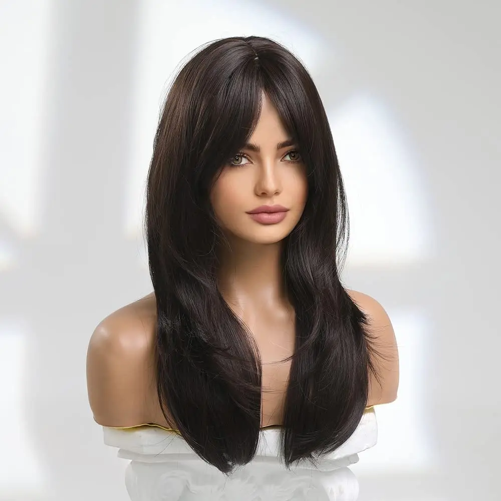 Long Synthetic Black Straight Wigs for Women 22 inch Glueless Realistic Wig with Bangs Natural Layered Wig for Girls Daily Party