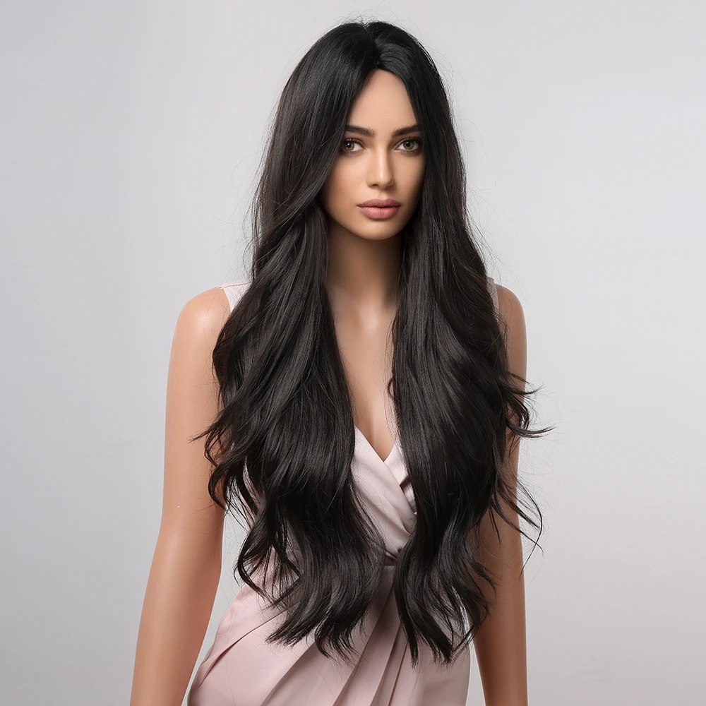 Black Long Wavy Synthetic Wigs Middle Part Natural Wave Wig Heat Resistant Cosplay Party Daily Hair Wig for Women and Girls