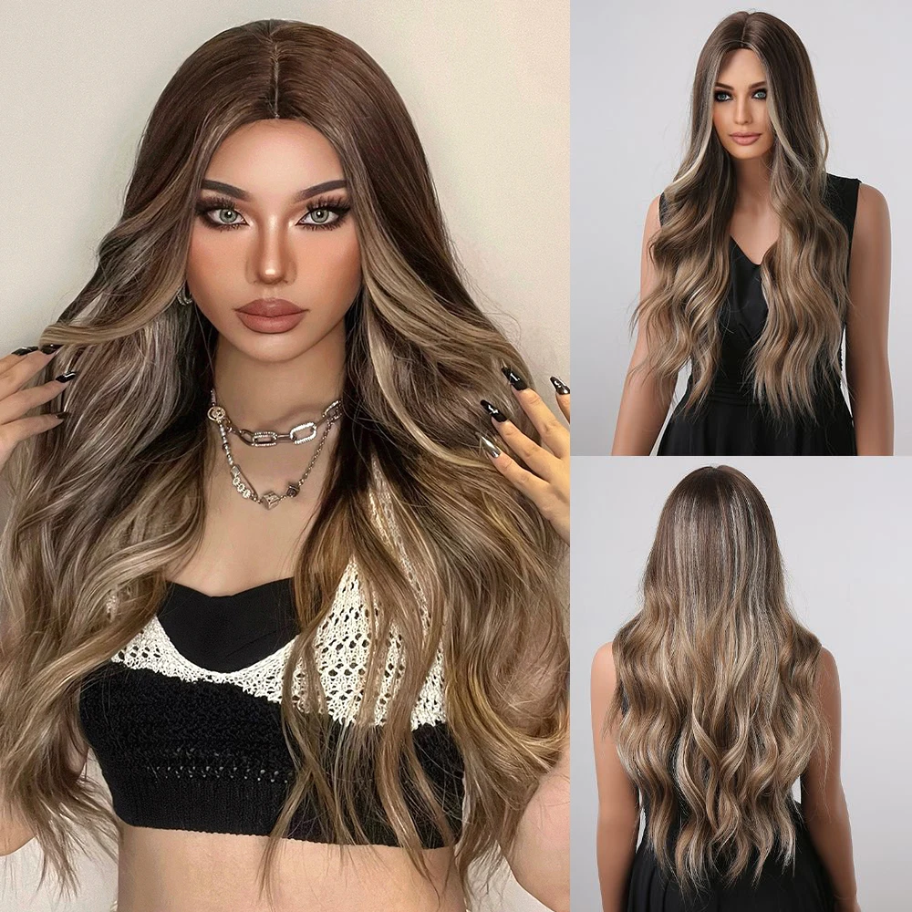 Black Long Wavy Synthetic Wigs Middle Part Natural Wave Wig Heat Resistant Cosplay Party Daily Hair Wig for Women and Girls