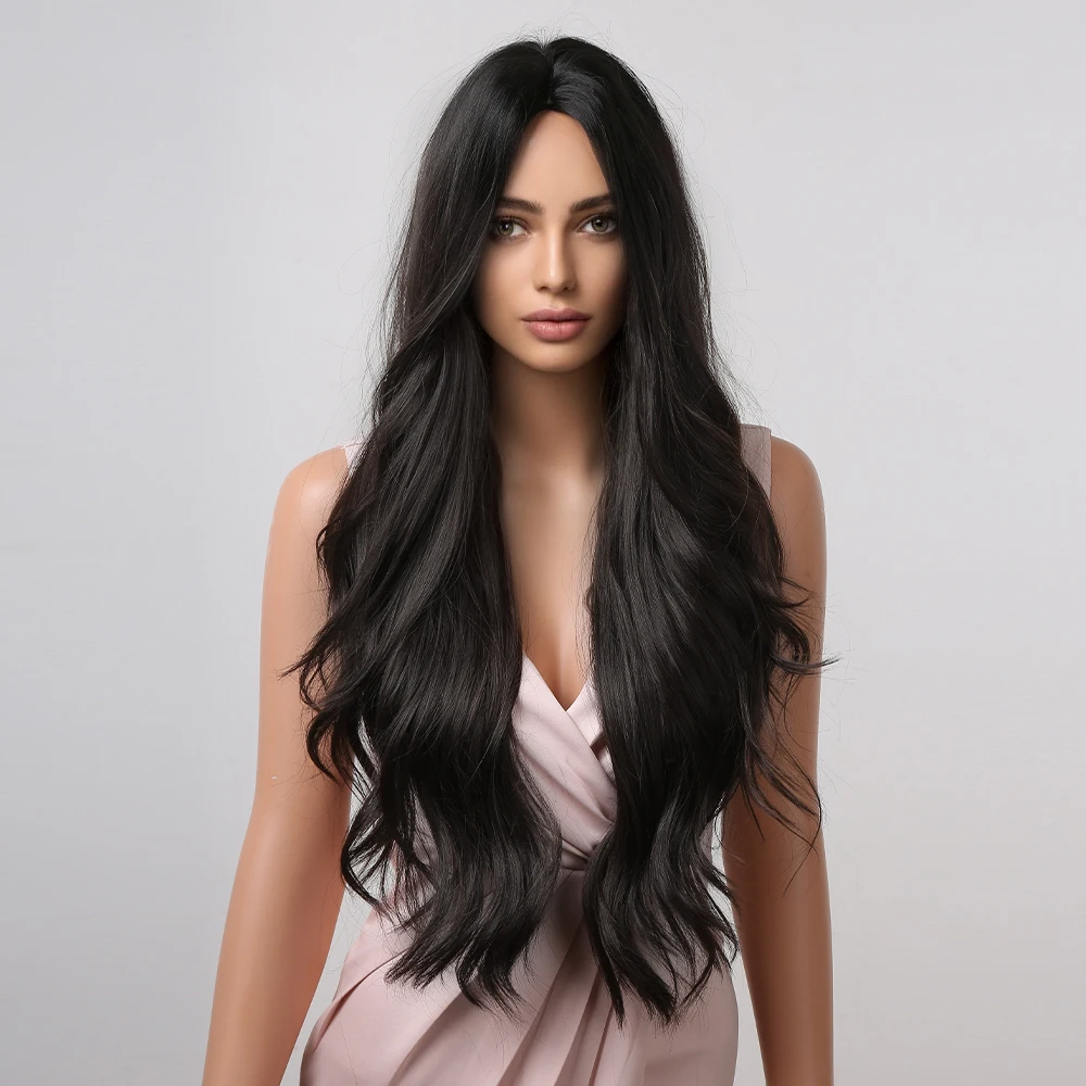 Black Long Wavy Synthetic Wigs Middle Part Natural Wave Wig Heat Resistant Cosplay Party Daily Hair Wig for Women and Girls