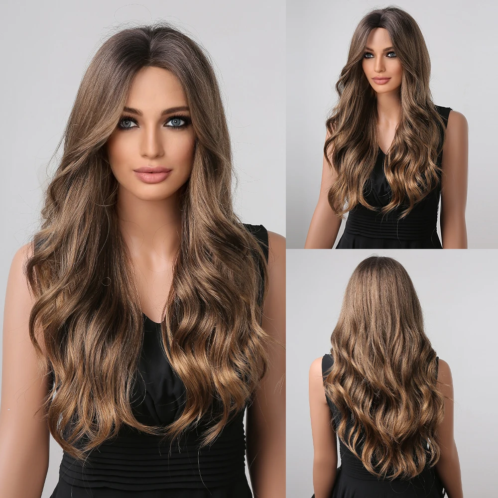 Black Long Wavy Synthetic Wigs Middle Part Natural Wave Wig Heat Resistant Cosplay Party Daily Hair Wig for Women and Girls