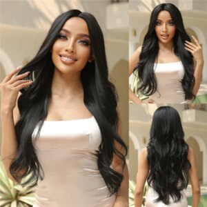 Black Long Wavy Synthetic Wigs Middle Part Natural Wave Wig Heat Resistant Cosplay Party Daily Hair Wig for Women and Girls