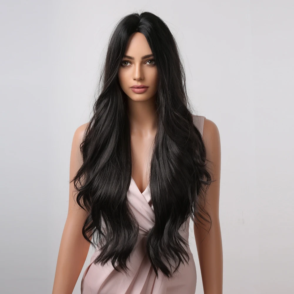 Black Long Wavy Synthetic Wigs Middle Part Natural Wave Wig Heat Resistant Cosplay Party Daily Hair Wig for Women and Girls
