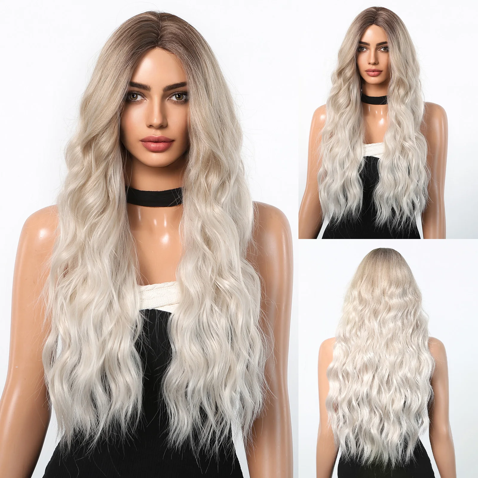 Black Long Wavy Synthetic Wigs Middle Part Natural Wave Wig Heat Resistant Cosplay Party Daily Hair Wig for Women and Girls