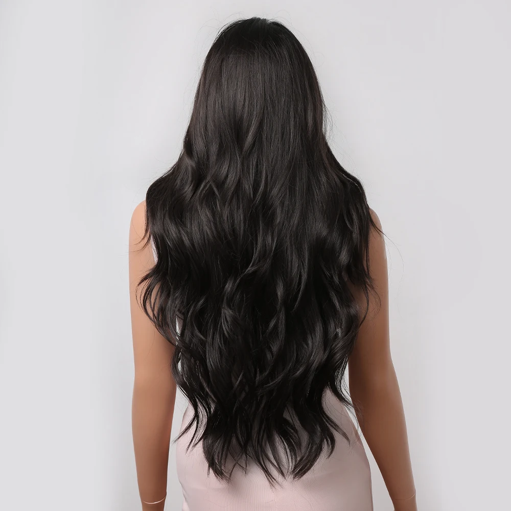Black Long Wavy Synthetic Wigs Middle Part Natural Wave Wig Heat Resistant Cosplay Party Daily Hair Wig for Women and Girls