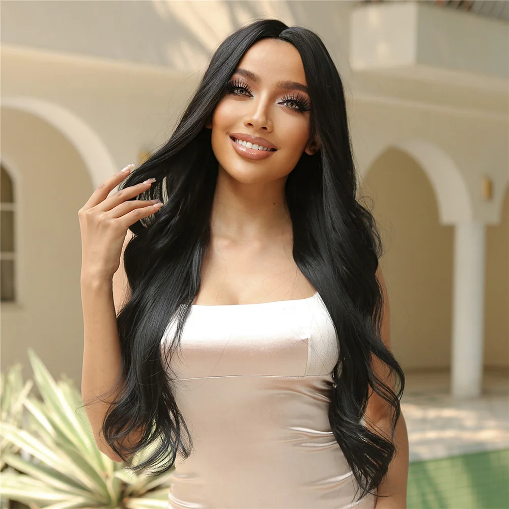 Black Long Wavy Synthetic Wigs Middle Part Natural Wave Wig Heat Resistant Cosplay Party Daily Hair Wig for Women and Girls