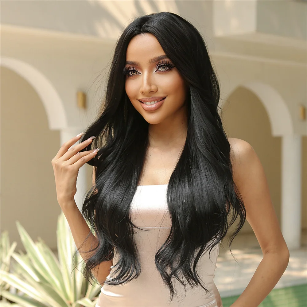 Black Long Wavy Synthetic Wigs Middle Part Natural Wave Wig Heat Resistant Cosplay Party Daily Hair Wig for Women and Girls