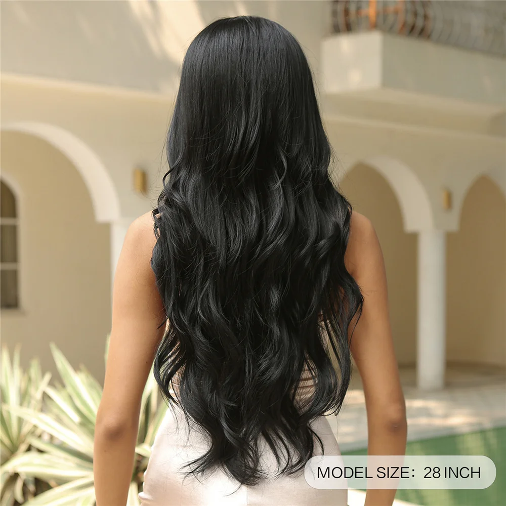 Black Long Wavy Synthetic Wigs Middle Part Natural Wave Wig Heat Resistant Cosplay Party Daily Hair Wig for Women and Girls