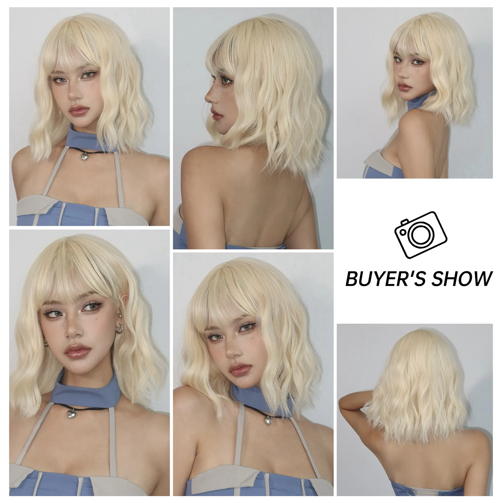 Blonde Short Curly Bob Synthetic Wigs with Bangs Platium Golden Lolita Cosplay Wigs for Women Daily Party Cosplay Heat Resistant