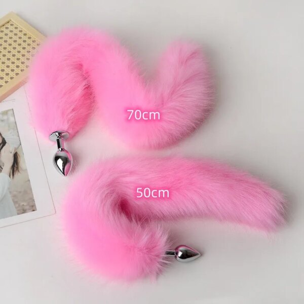 Anal Sex Toys of Long Pink Faux Fur Fox Tail with Stainless Steel Metal Butt Plug for Fetish Fantasy Flirting Adult Supplies