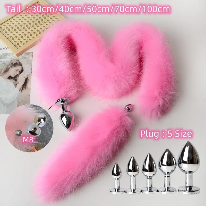 Anal Sex Toys of Long Pink Faux Fur Fox Tail with Stainless Steel Metal Butt Plug for Fetish Fantasy Flirting Adult Supplies Anal Sex Toys of Long Pink Faux Fur Fox Tail with Stainless Steel Metal Butt Plug for Fetish Fantasy Flirting Adult Supplies