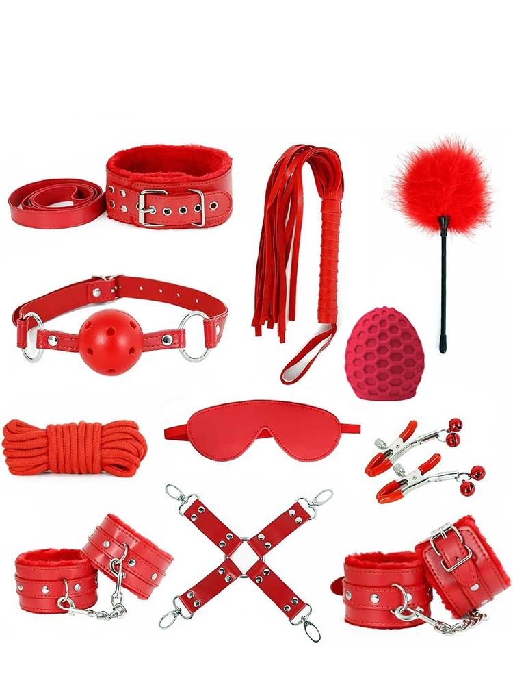 BDSM Bondage Restraint Set Sex Handcuffs Whip Anal Beads Anal Plug Bullet Butt Plug Vibrator S&M Fetish Sex Toy for Woman Adult