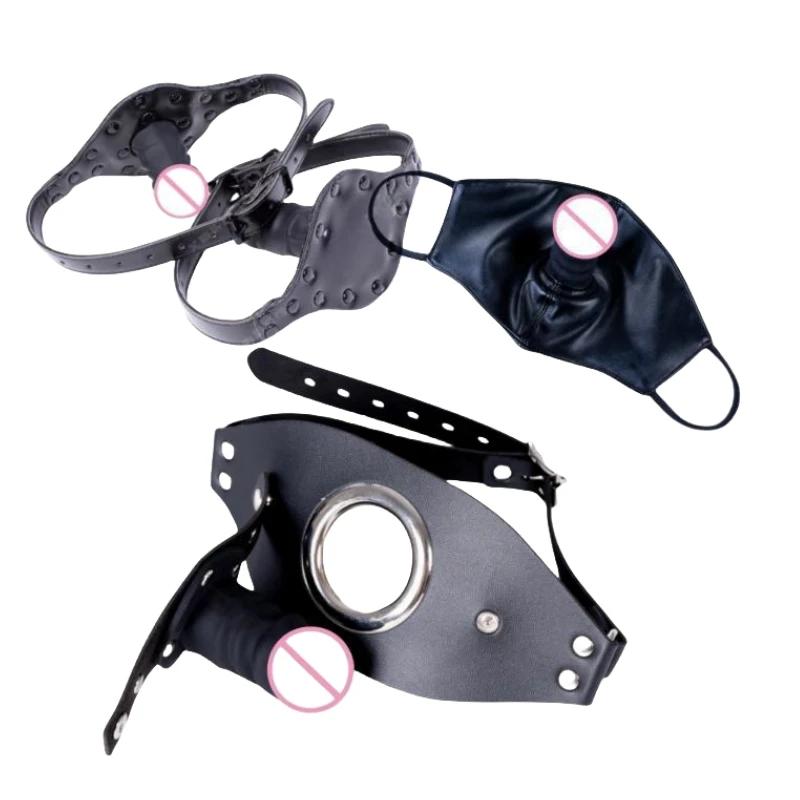 Silicone Penis Plug Mask Sex Toys with Fetish Slave Open Mouth Oral Bondage Dildo Gag for Couple BDSM Flirting Erotic Product