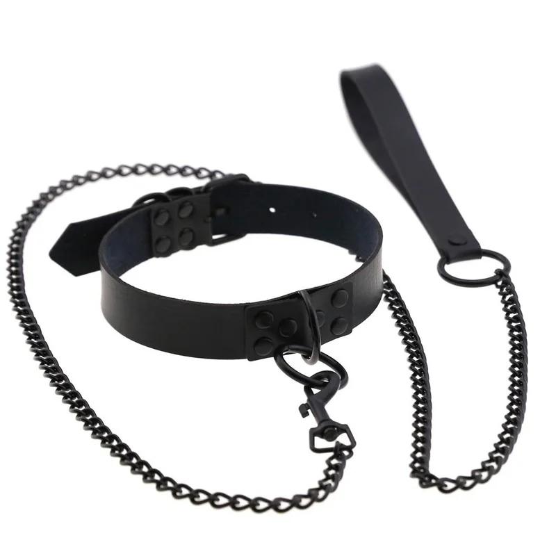 OkayM Womens Punk Gothic Leash Collar Black Accessories Sexy PU Leather Collar Traction Rope BDSM Bondage Necklace