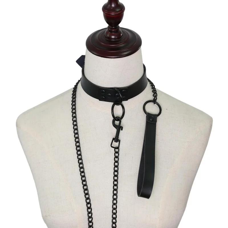 OkayM Womens Punk Gothic Leash Collar Black Accessories Sexy PU Leather Collar Traction Rope BDSM Bondage Necklace